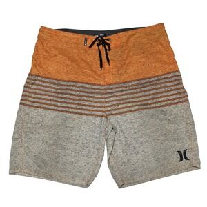 Hurley Board Shorts Mens Size 36 Orange Heather Gray Stripe Swim Surf Beach